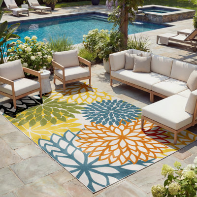 DECOMALL SUNSHINE Floral Outdoor Area Rug Yellow/Red/Blue